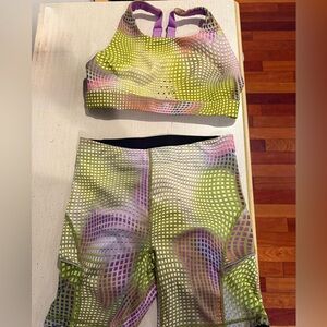 NWT Fabletics Purple and Green Patterned Sports Bra and shorts set